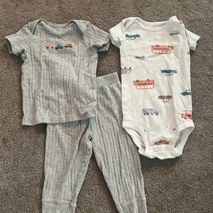 Carter's Gray Baby Ribbed Set and White Bodysuit with Car Print
